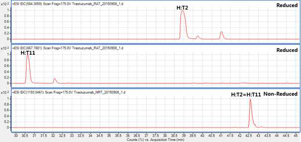 Trastuzumab 에서 확인되는 H:T2 및 H:T11 peptide (XIC)