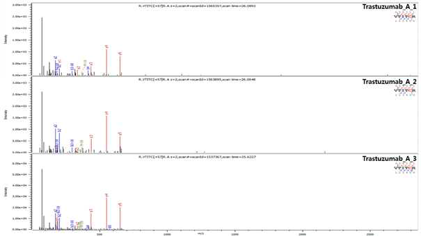Trastuzumab 단백질 L:T2 (Cys23) peptide의 확인