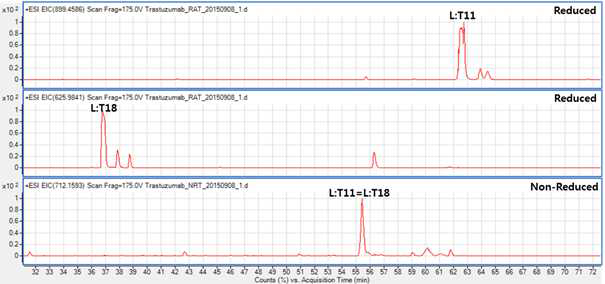 Trastuzumab 시료에서 확인되는 L:T11및 L:T18 peptide (XIC)
