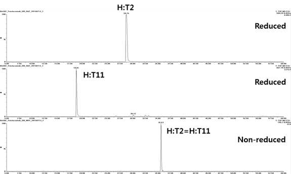 Trastuzumab 에서 확인되는 H:T2 및 H:T11 peptide (XIC)