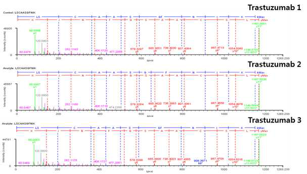 Trastuzumab 단백질 H:T2 (Cys22) peptide의 확인