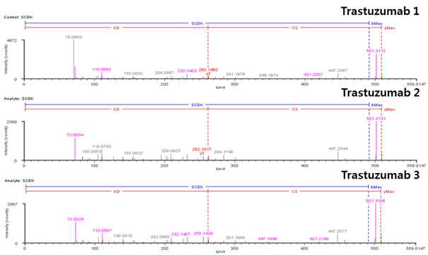 Trastuzumab 단백질 H:T19 (Cys223) peptide의 확인