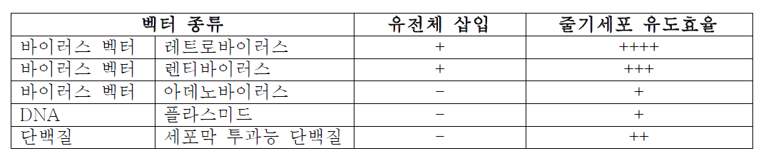 유도만능줄기세포의 제조법에 따른 유전체 삽입 및 유도 효율