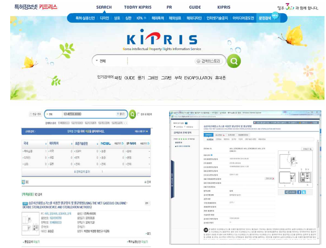 특허 정보넷(키프리스) 메인 화면과 검색 예시