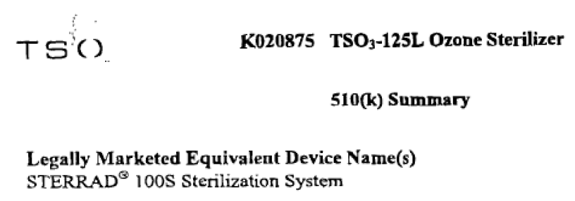 TSO3 510K summary Legally Marketed Equivalent Device