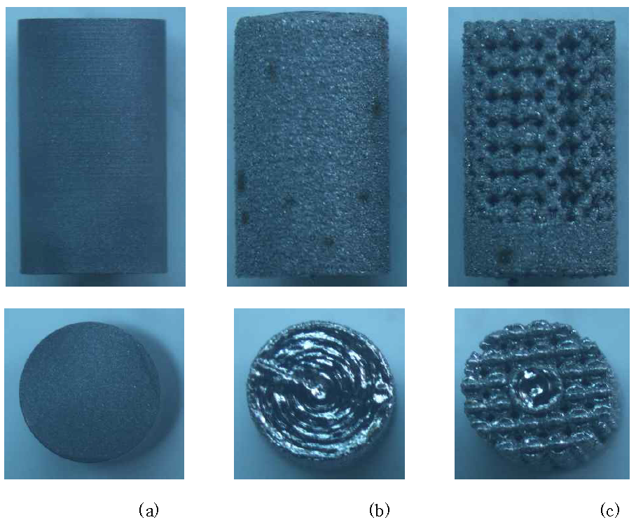기계적 특성 평가에 사용한 시편 예시(a) machined (with sandblasted), (b) 3D-dense, (c) 3D printing-porous.