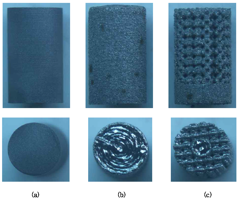 기계적 특성 평가에 사용한 시편: (a) machined, (b) 3D-dense, (c) 3D printing-porous