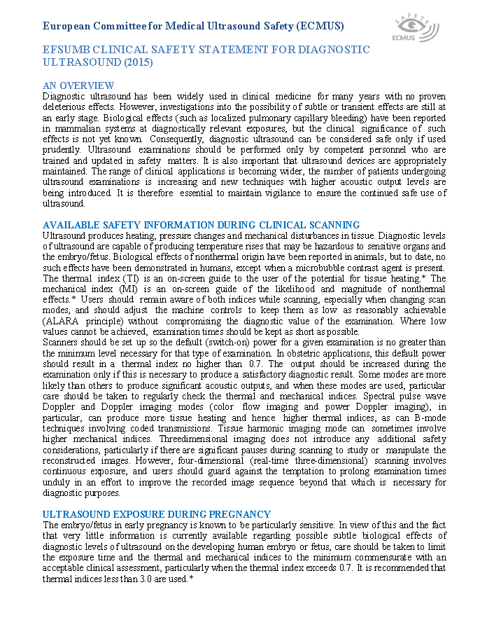 EFSUMB CLINICAL SAFETY STATEMENT FOR DIAGNOSTIC ULTRASOUND