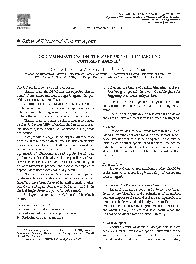 RECOMMENDATIONS ON THE SAFE USE OF ULTRASOUND CONTRAST AGENTS