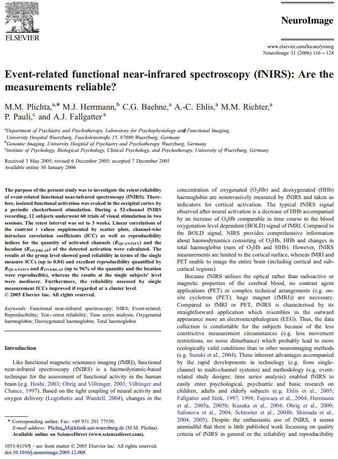 Event-related functional near-infrared spectroscopy (fNIRS): Are the measurements reliable? (사건 관련 기능적 근적외선 분광 분석 (fNIRS): 측정을 신뢰할 수 있는가?)