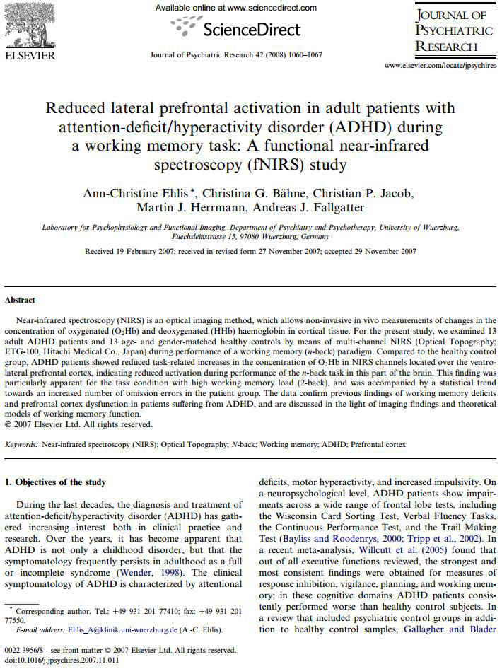 Reduced lateral prefrontal activation in adult patients with attention – deficit/hyperactivity disorder (ADHD) during a working memory task: A functional near-infrared spectroscopy (fNIRS) study