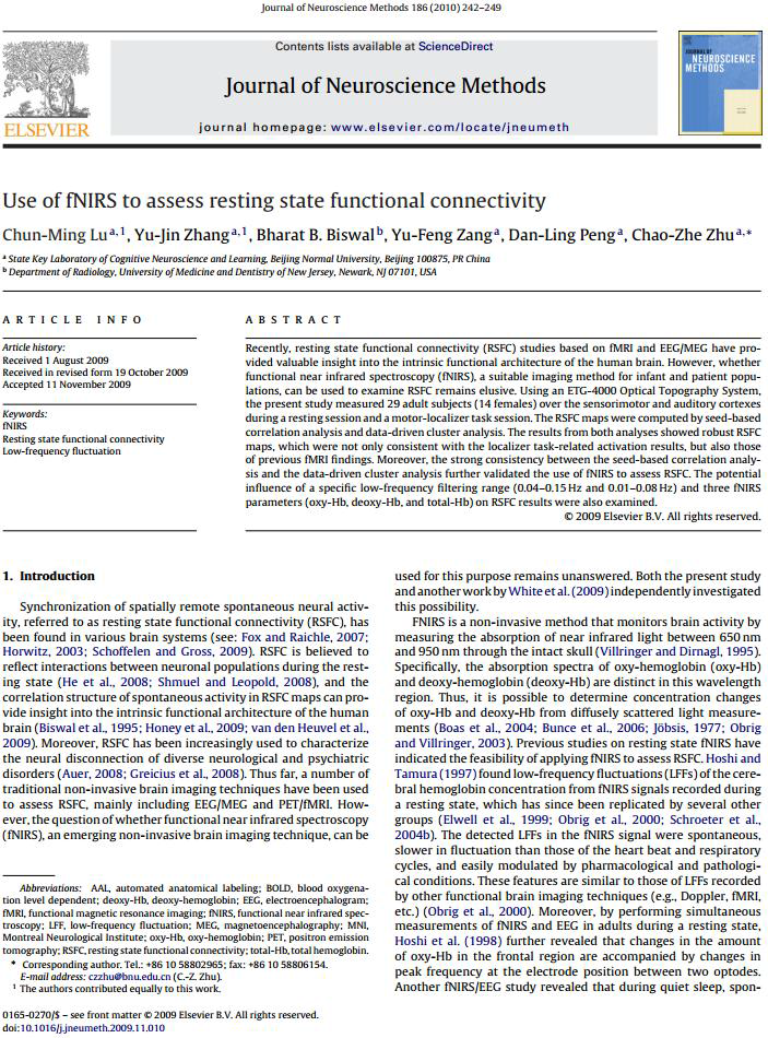 Use of fNIRS to assess resting state functional connectivity