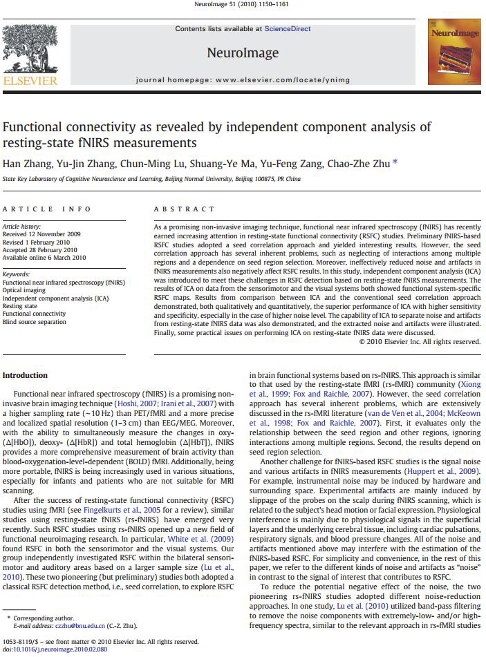 Functional connectivity as revealed by independent component analysis of resting-state fNIRS measurements
