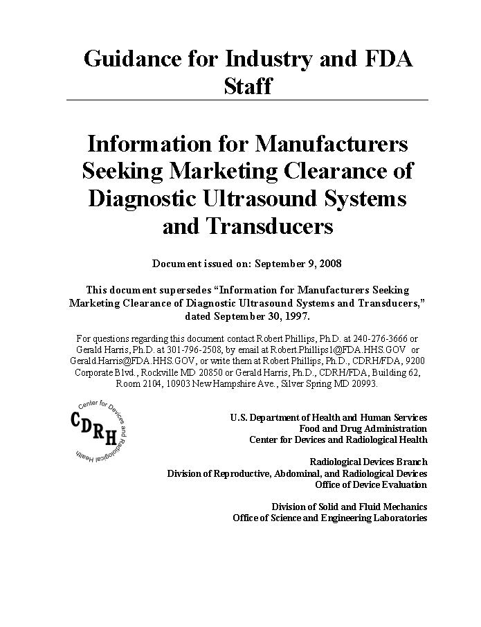 Information for Manufacturers Seeking Marketing Clearance of Diagnostic Ultrasound Systems and Transducers(진단용 초음파 시스템 및 변환기의 시판 승인을 얻고자 하는 제조자들을 위한 정보)