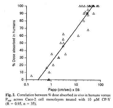 사람에서의 흡수된 분율(%)와 Caco-2 cell 단층세포막 겉보기 투과도 계수간의 상관 관계(R = 0.95, n =35)(S. Yee, 1997).