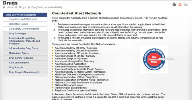 위조의약품 경계 네트워크 소개 웹페이지 (Counterfeit Alert Network)