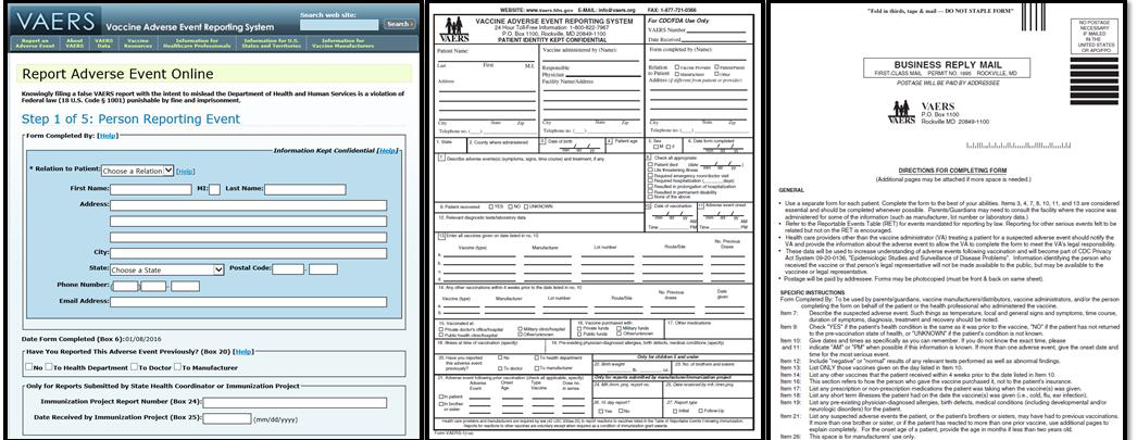 VAERS의 온라인, 팩스, 메일의 보고 형식