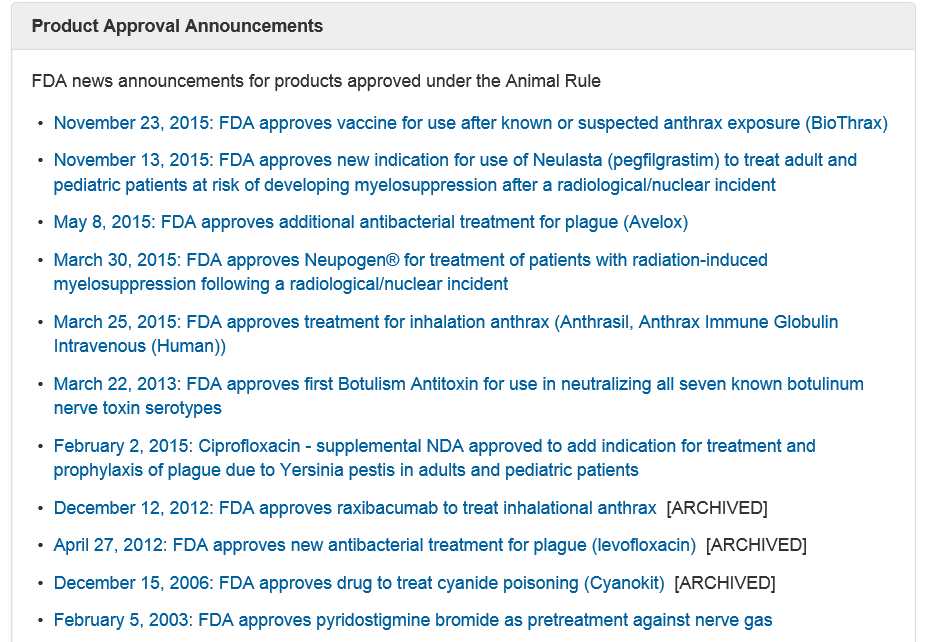 Animal Rule로 허가받은 의약품 목록