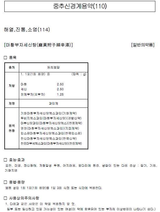 효능군별 한약서처방 허가(신고)품목 정보 견본 페이지