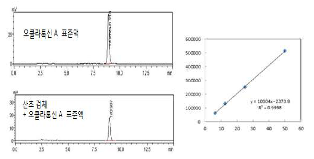 오클라톡신 표준액 및 spike 시료의 크로마토그램 및 검량선