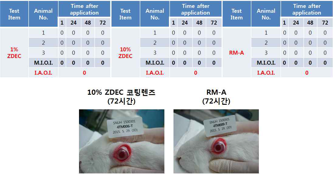 RM-A (ZDEC 0.1%), 1% ZDEC렌즈, 10% ZDEC렌즈의 토끼안자극시험 결과