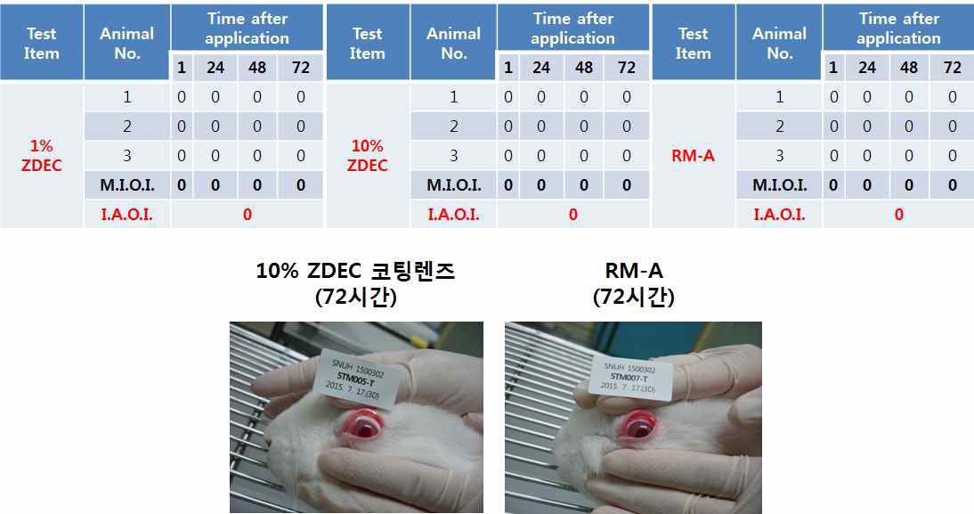 RM-A, 1% ZDEC, 10% ZDEC in MEM 용출 물에 대한 토끼안자극 확인시험