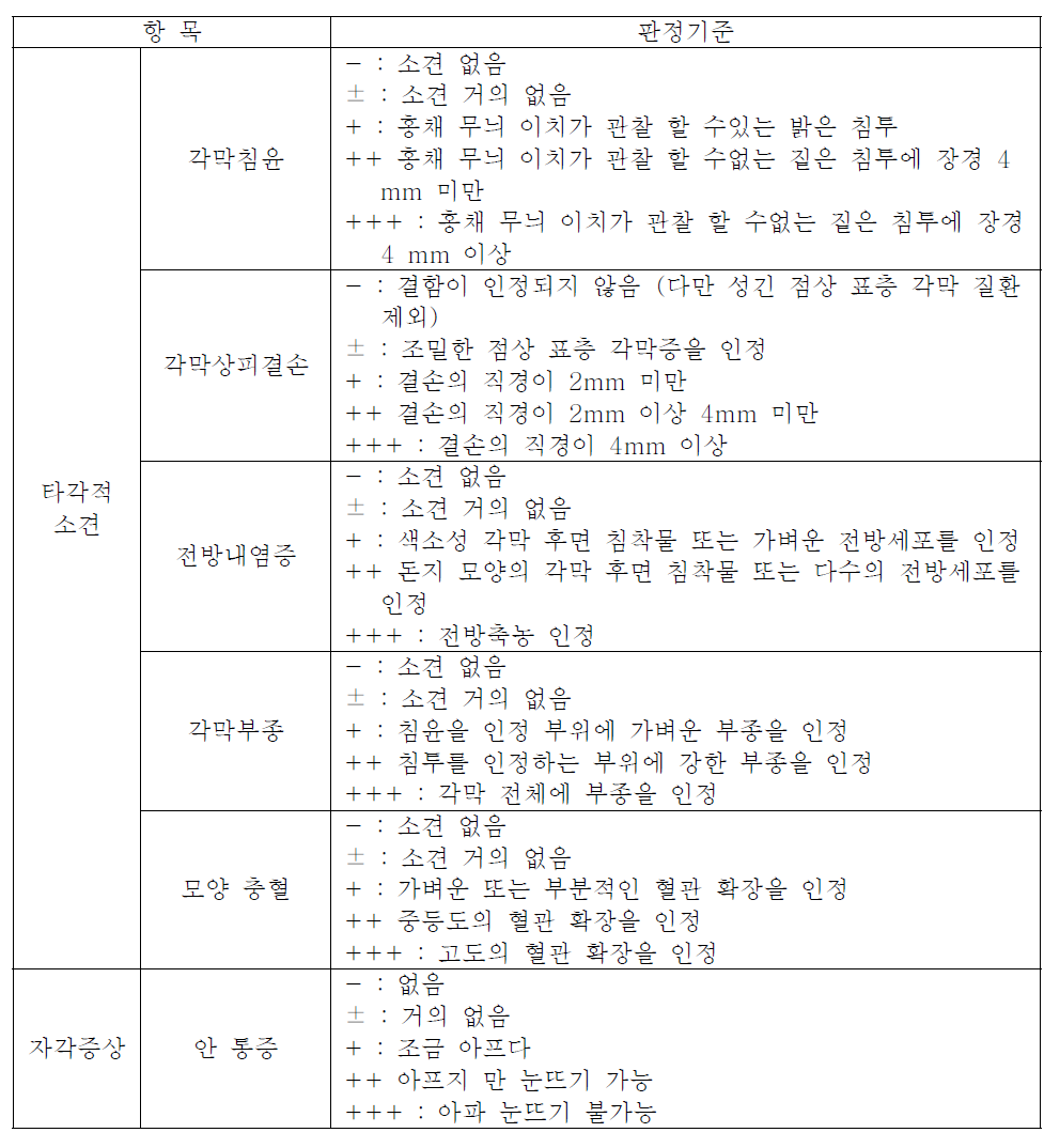 각 질환의 소견과 증상 점수(각막염)