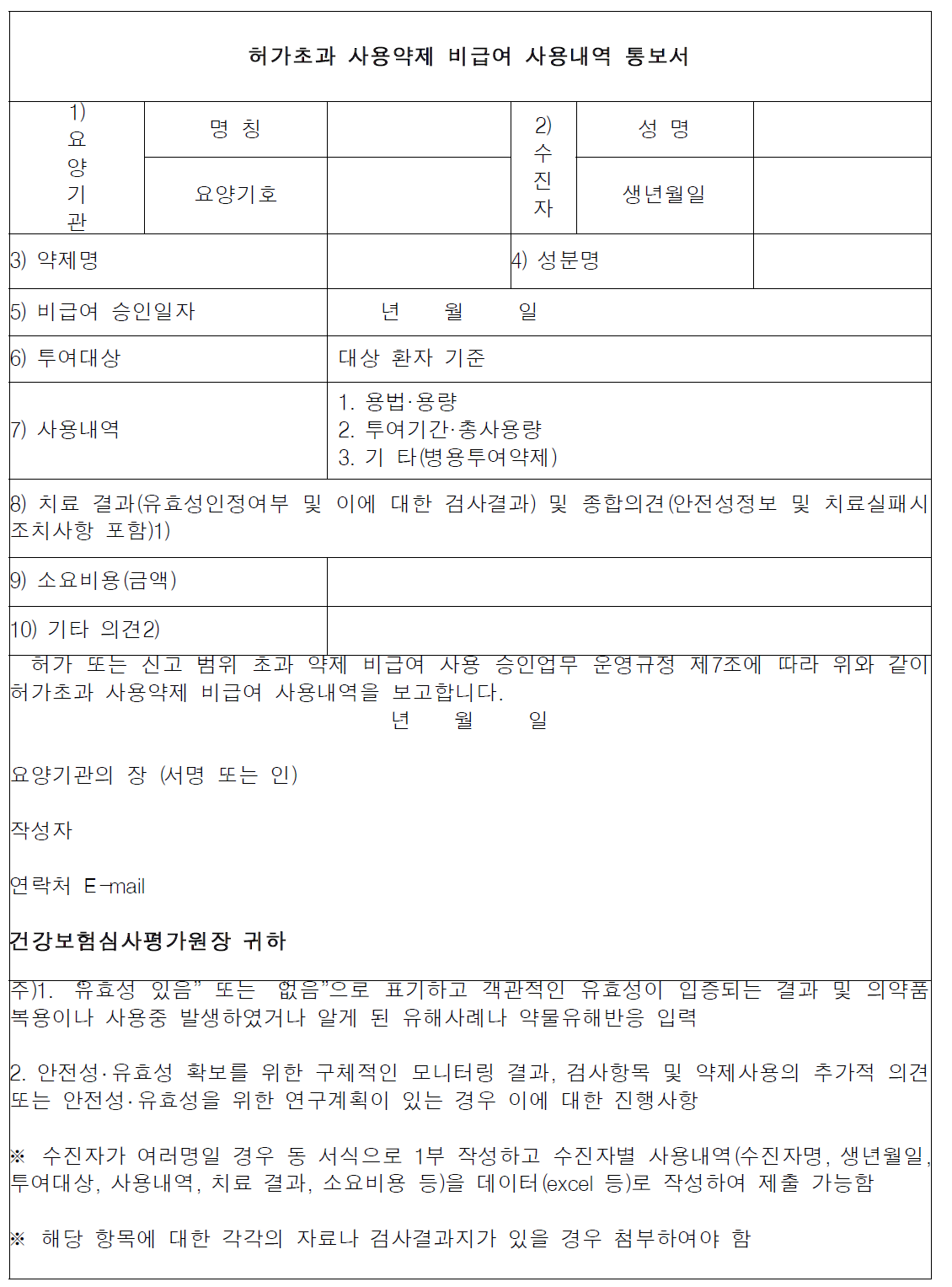 허가초과 사용약제 비급여 사용내역 통보서