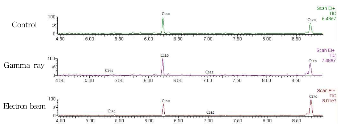 GC Chromatogram of frozen mackerel irradiated with gamma ray and electron beam.