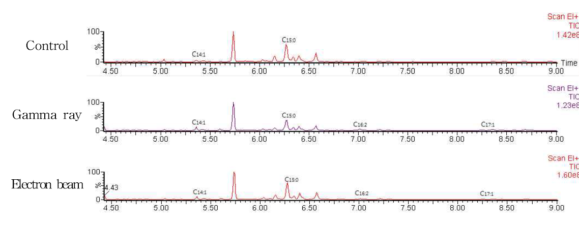 GC Chromatogram of beef jerky irradiated with gamma ray and electron beam.