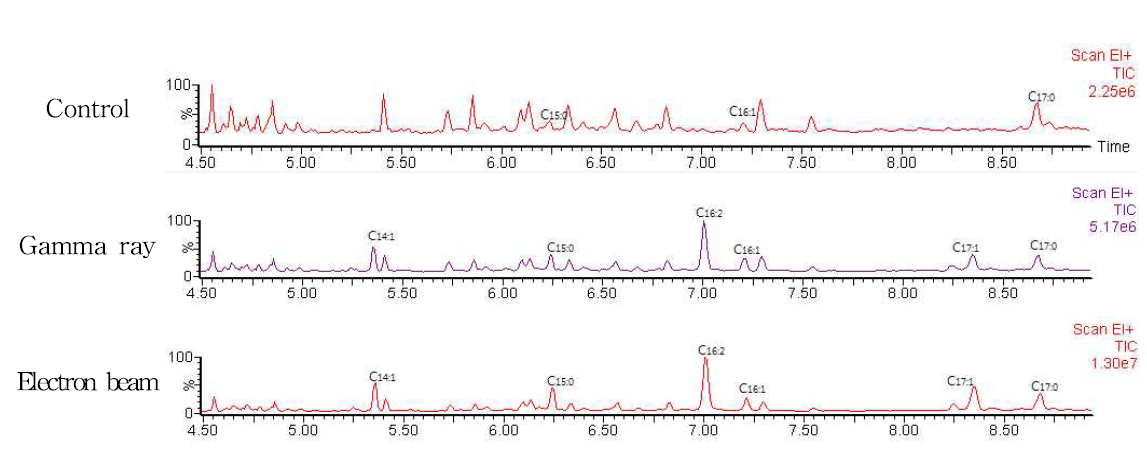 GC Chromatogram of beef irradiated with gamma ray and electron beam.