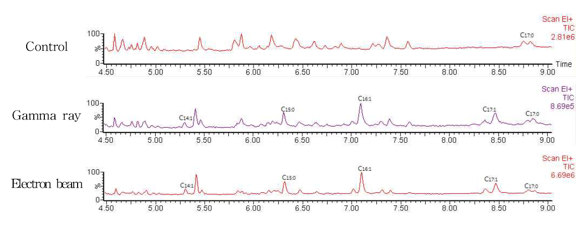 GC Chromatogram of chicken irradiated with gamma ray and electron beam.