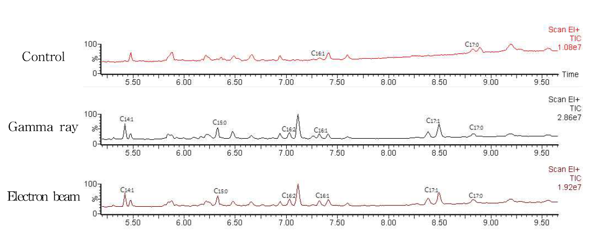 GC Chromatogram of smoked duck meat irradiated with gamma ray and electron beam.