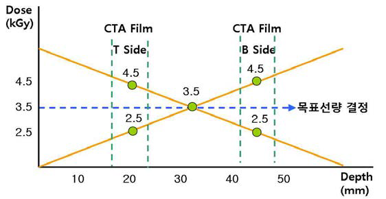전자선 조사처리 선량 분포 개념도.