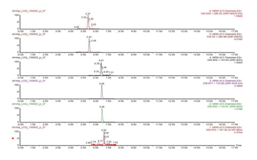 Chromatograms of nitrofurans LOQ recovery test in shrimp sample.