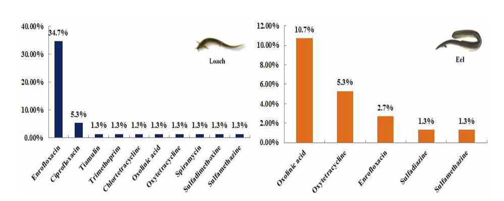 Detection rate of residual veterinary drugs in loach and eel.
