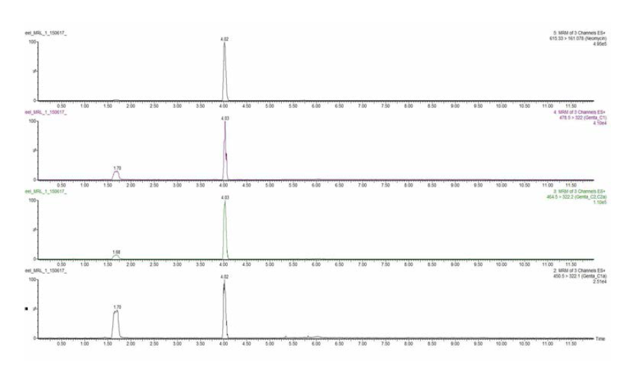 Chromatograms of Gentamicin and Neomycin MRL recovery test in eel sample