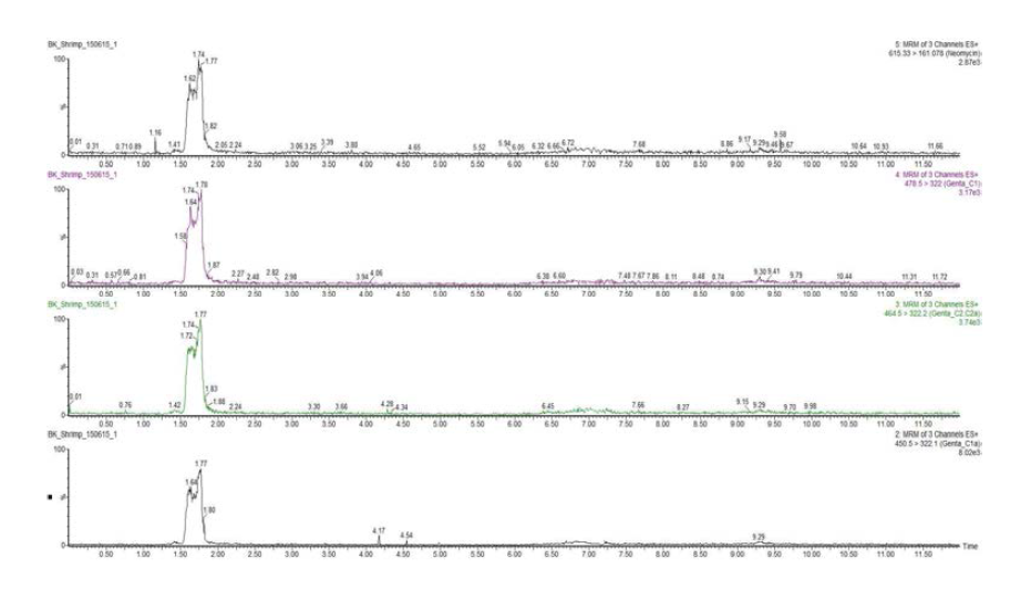 Chromatograms of Gentamicin and Neomycin in shrimp blank solution.