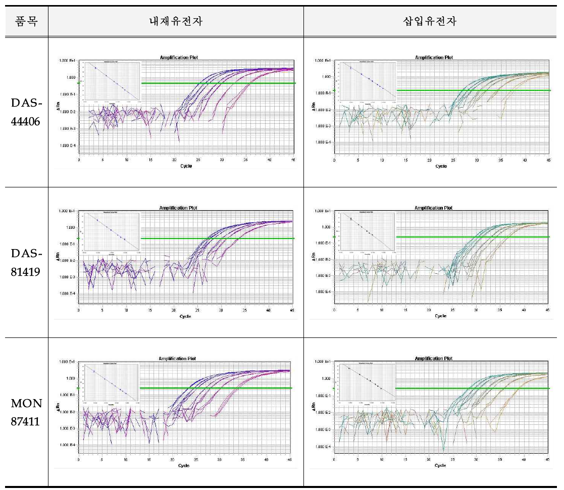 유전자변형식품 정량 PCR의 증폭곡선 및 정량 표준곡선