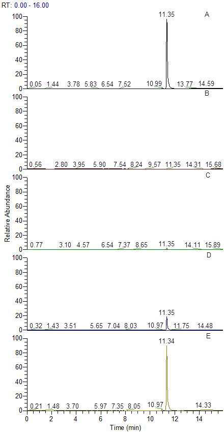 Representative MRM (quantification ion) chromatograms of (A) isoxaflutole standard in mandarin matrix at 0.1 mg/kg, (B) mandarin control, (b) spiked at 0.01 mg/kg, (d) spiked at 0.1 mg/kg and (e) spiked at 0.5 mg/kg