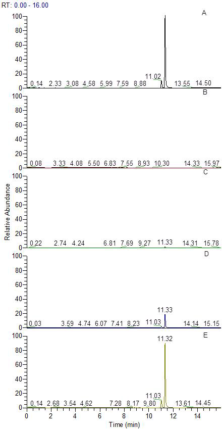 Representative MRM (quantification ion) chromatograms of (A) isoxaflutole standard in pepper matrix at 0.1 mg/kg, (B) pepper control, (b) spiked at 0.01 mg/kg, (d) spiked at 0.1 mg/kg and (e) spiked at 0.5 mg/kg