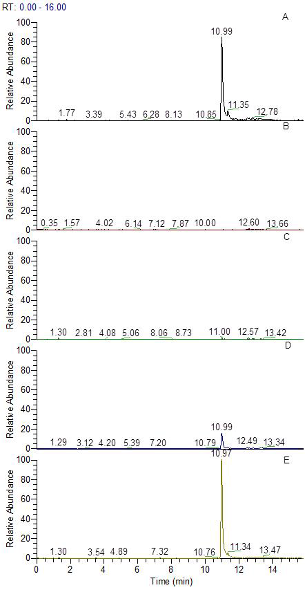 Representative MRM (quantification ion) chromatograms of (A) isoxaflutole diketonitrile standard in mandarin matrix at 0.1 mg/kg, (B) mandarin control, (b) spiked at 0.01 mg/kg, (d) spiked at 0.1 mg/kg and (e) spiked at 0.5 mg/kg