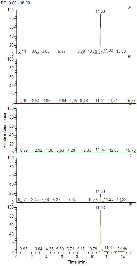Representative MRM (quantification ion) chromatograms of (A) isoxaflutole diketonitrile standard in pepper matrix at 0.1 mg/kg, (B) pepper control, (b) spiked at 0.01 mg/kg, (d) spiked at 0.1 mg/kg and (e) spiked at 0.5 mg/kg