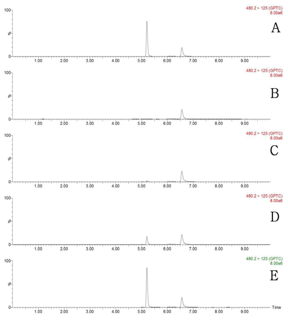 LC-MS/MS MRM chromatograms of GPTC in mandarin matrix (A) standard at 0.5 mg/kg, (B) control, (C) spiked at 0.01 mg/kg, (D) spiked at 0.1 mg/kg and (E) spiked at 0.5 mg/kg