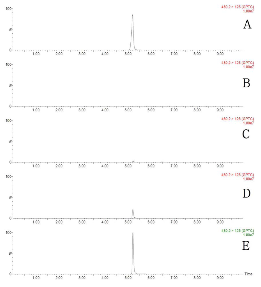 LC-MS/MS MRM chromatograms of GPTC in potato matrix (A) standard at 0.5 mg/kg, (B) control, (C) spiked at 0.01 mg/kg, (D) spiked at 0.1 mg/kg and (E) spiked at 0.5 mg/kg