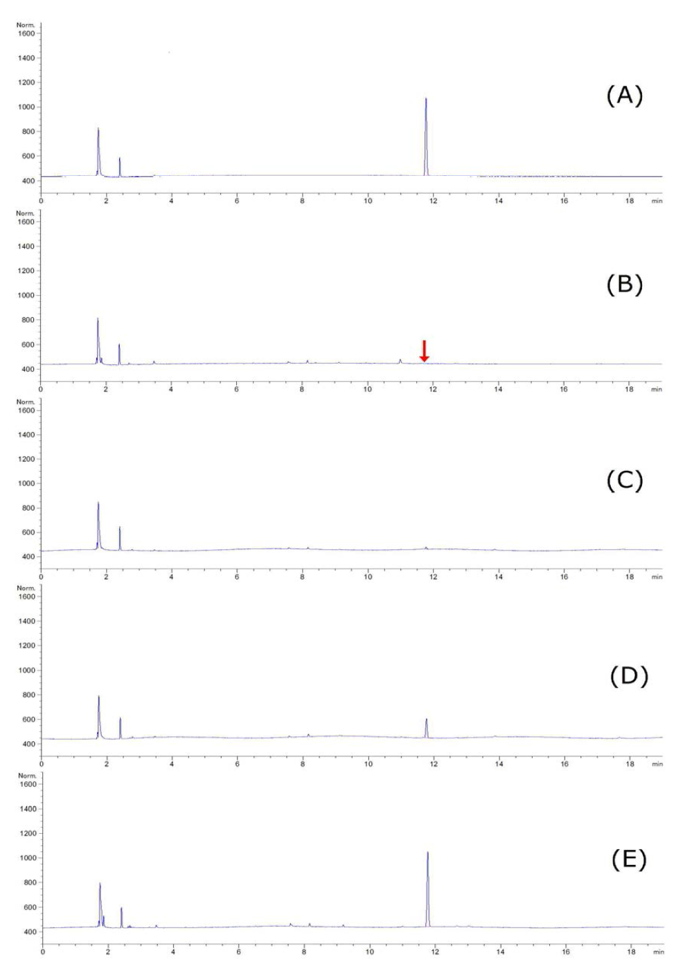 GC-ECD chromatograms corresponding to: A, standard solution at 0.5 mg/kg; B, control mandarin; C, spiked at 0.01 mg/kg; D, spiked at 0.1 mg/kg; and E, spiked at 0.5 mg/kg