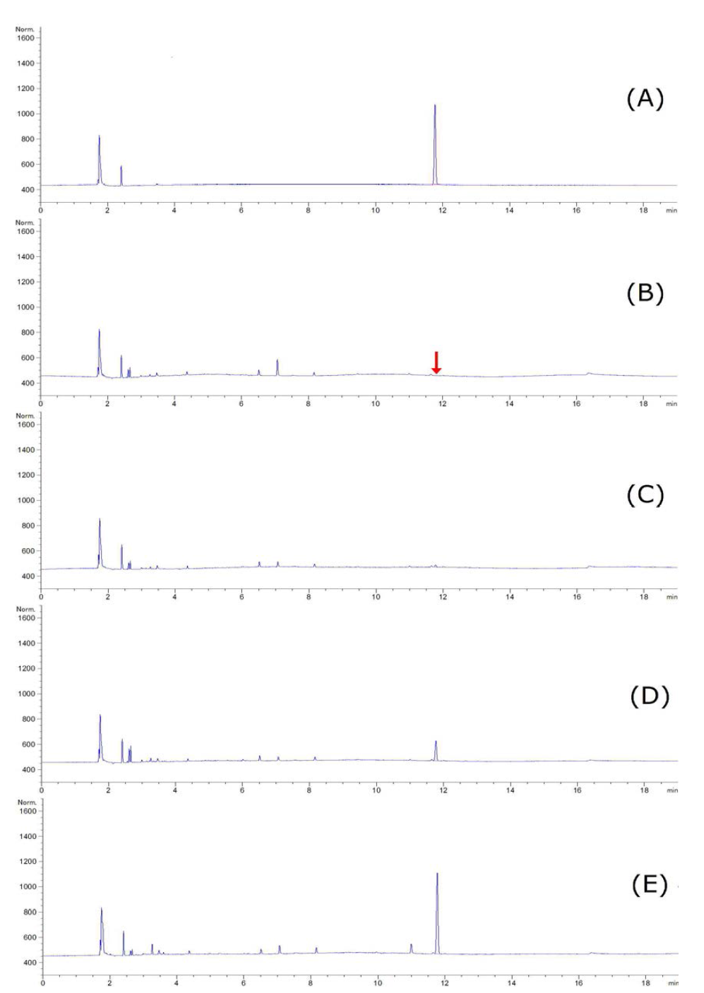 GC-ECD chromatograms corresponding to: A, standard solution at 0.5 mg/kg; B, control hulled-rice; C, spiked at 0.01 mg/kg; D, spiked at 0.1 mg/kg; and E, spiked at 0.5 mg/kg