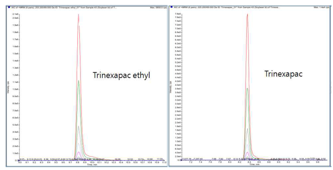 Layered chromatograms of trinexapac-ethyl and trinexapac in soybean.