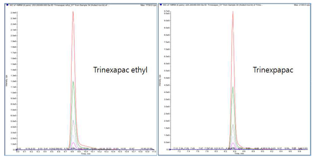Layered chromatograms of trinexapac-ethyl and trinexapac in mandarin.
