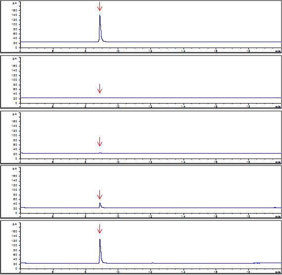 GC-NPD chromatograms corresponding to: A, standard solution at 10.0 mg/kg; B, control hulled rice; C, spiked at 0.02 mg/kg; D, spiked at 0.2 mg/kg; and E, spiked at 1.0 mg/kg